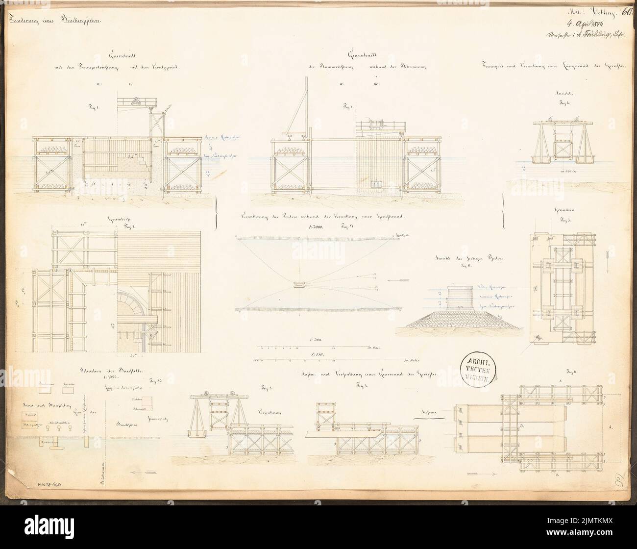 Frühling August (geboren 1847), Gründung einer Brückensäule. Monatlicher Wettbewerb April 1874 (04,1874): Lageplan 1: 500. Säulen: Oben. Bau der Modernisierung: Grundriß in 2 Ebenen, Längsschnitte, Querschnitte; 1: 150, Maßstabsbalken. Tusche Aquarell auf der Schachtel, 46,7 x 58,9 cm (inklusive Scankanten) Frühling August (geb. 1847): Finanzierung eines Brückenpfeilers. Monatskurrenz April 1874 Stockfoto