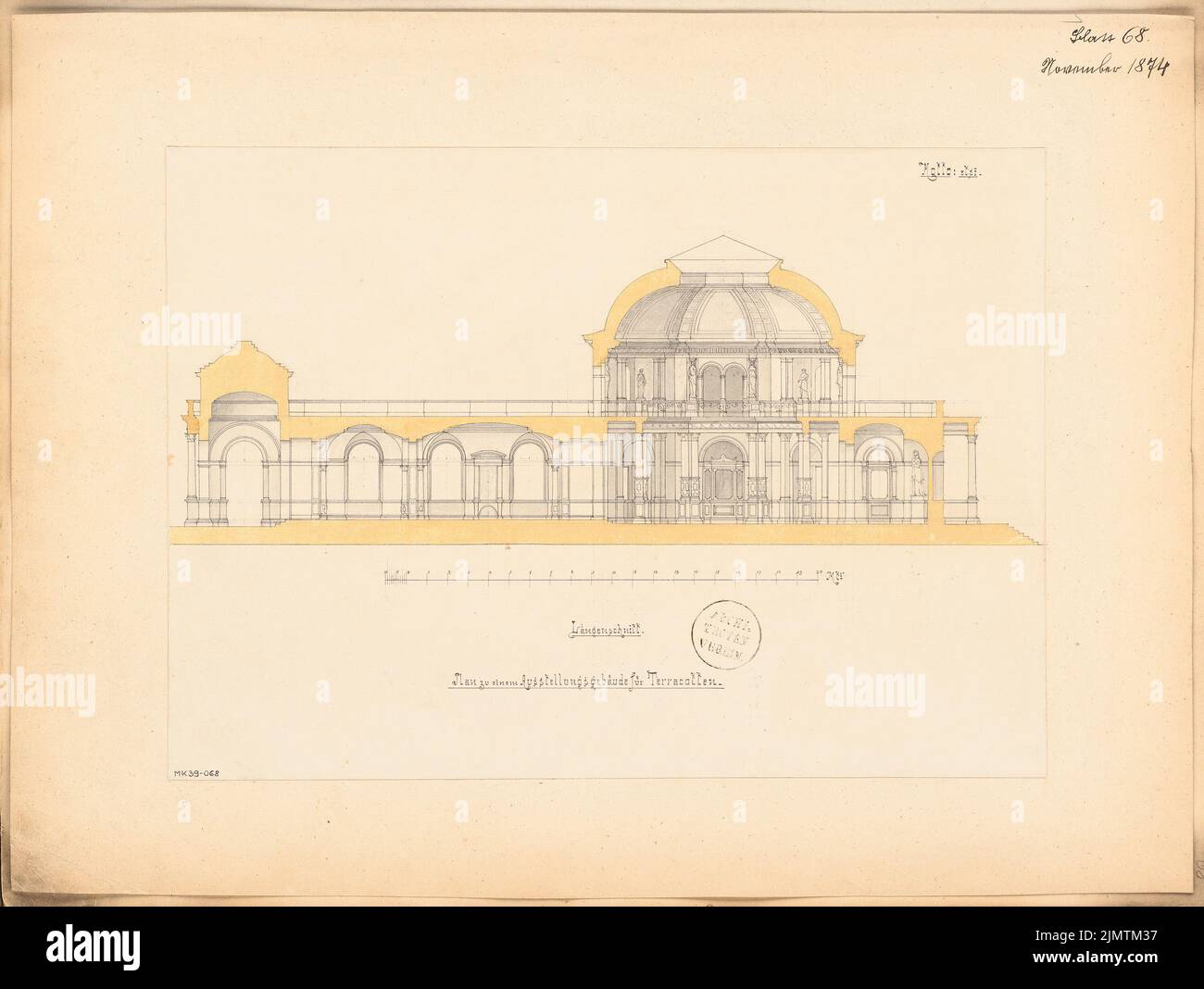 Unbekannter Architekt, Ausstellungsgebäude. Monatlicher Wettbewerb November 1874 (11,1874): Längsschnitt; Skalenbalken. Tinte und Bleistift, Wasserfarben auf der Schachtel, 43,4 x 57,7 cm (einschließlich Scankanten) N.N. : Ausstellungsgebäude. Monatskurrenz November 1874 Stockfoto