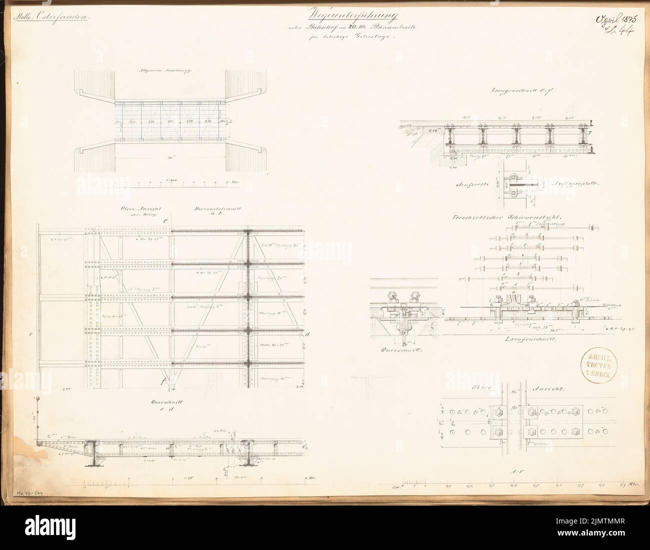 Unbekannter Architekt, Eisenbahnbrücke. Monatlicher Wettbewerb April 1875 (04,1875): Grundriß, Längsschnitt, Details; Streifen im Maßstab 2. Tinte auf Karton, 45,6 x 58,6 cm (einschließlich Scankanten) N.N. : Eisenbahnbrücke. Monatskurrenz April 1875 Stockfoto