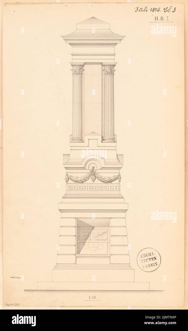 Unbekannter Architekt, Grabdenkmal. Monatlicher Wettbewerb im Juli 1875 (07,1875): Riss-Vorderansicht 1:10. Tusche Aquarell auf Papier, 42,4 x 25,9 cm (einschließlich Scankanten) N.N. : Grabdenkmal. Monatskurrenz Juli 1875 Stockfoto