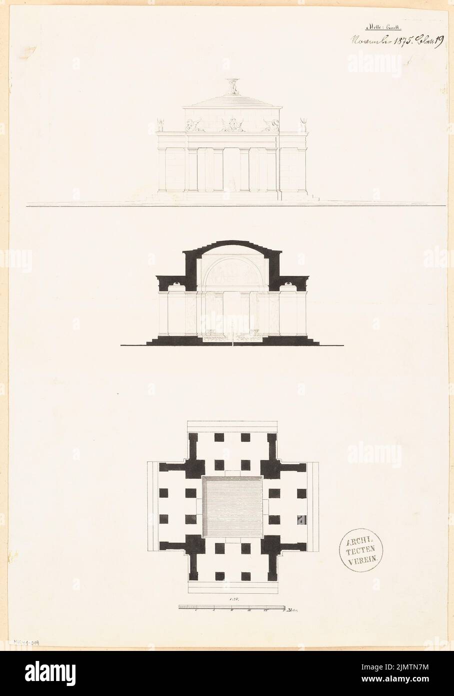 Unbekannter Architekt, Brunnen. Monatlicher Wettbewerb November 1875 (11,1875): Grundriß, aufrecht, Querschnitt; Skalenbalken. Tinte auf Papier, 49,2 x 34,4 cm (einschließlich Scankanten) N.N. : Brunnen. Monatskurrenz November 1875 Stockfoto