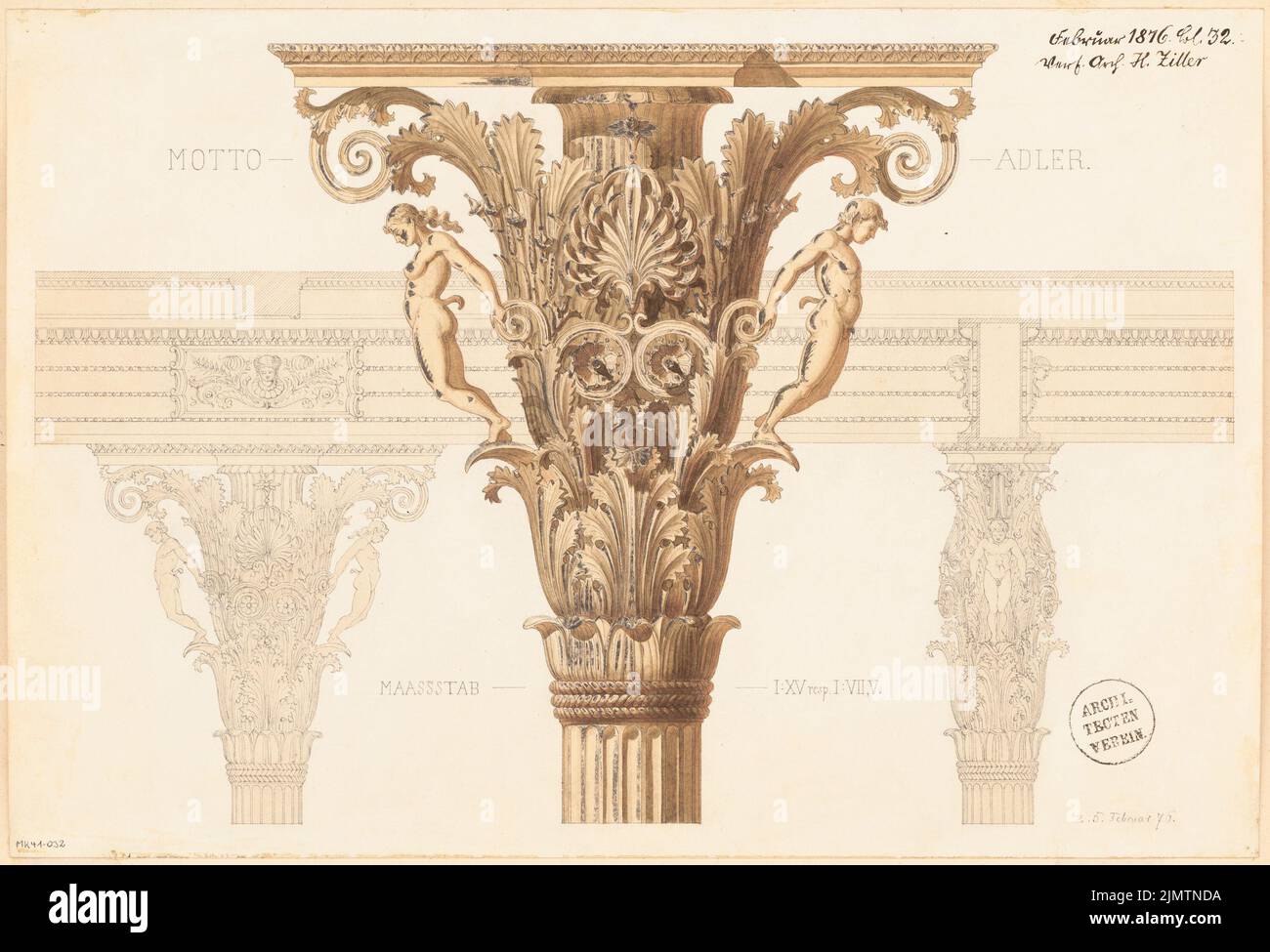 Ziller Hermann (1843-1915), Kapitel. Monatlicher Wettbewerb 1876. Februar (02,1876): 3 Aufrufe 1:15, 1: 7,5. Tusche Aquarell auf Papier, 33,6 x 49,4 cm (inklusive Scankanten) Ziller Hermann (1843-1915): Kapitell. Monatskurrenz Februar 1876 Stockfoto