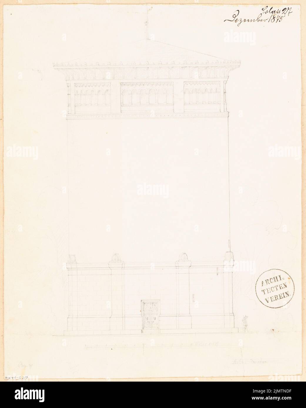 Unbekannter Architekt, Wasserturm. Monatlicher Wettbewerb Dezember 1875 (12,1875): Ansicht; Skala bar. Bleistift auf Papier, 32,2 x 25,8 cm (einschließlich Scankanten) N.N. : Wasserturm. Monatskurrenz Dezember 1875 Stockfoto