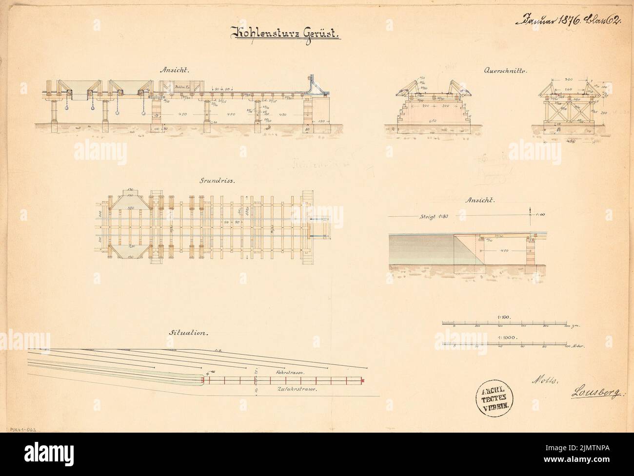 Unbekannter Architekt, Carbon-Laderampe. Monatlicher Wettbewerb im Januar 1876 (02,1876): Lageplan, Grundriß, Ansicht oben, 3 Querschnitte; Streifen im Maßstab 2. Tusche Aquarell auf der Schachtel, 38,4 x 56,2 cm (einschließlich Scankanten) N.N. : Kohlenentladerampe. Monatskurrenz Januar 1876 Stockfoto