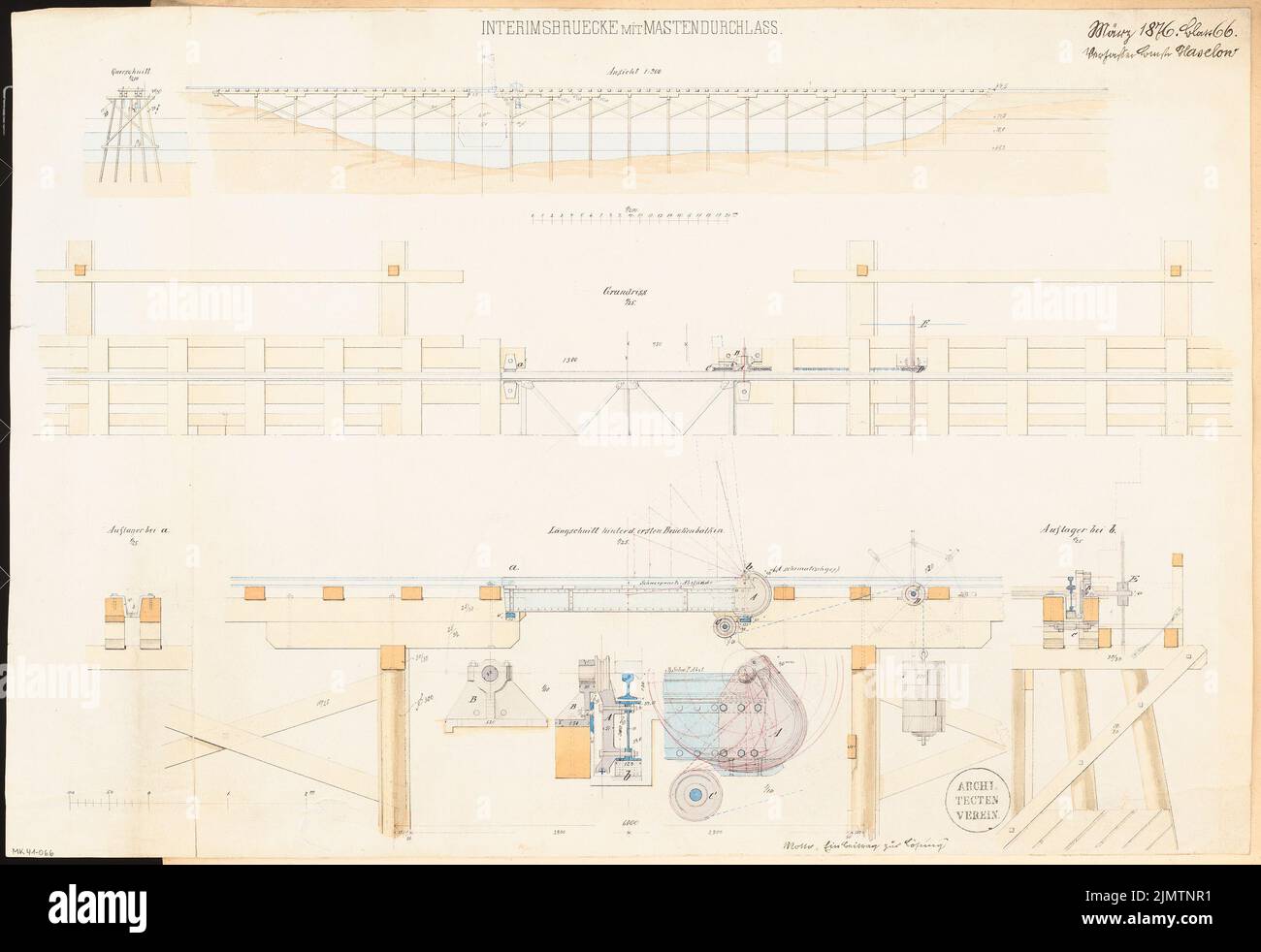 Haselow Hermann (geb. 1846), Zwischenbrücke mit Durchgangsöffnung. Monatlicher Wettbewerb März 1876 (03,1876): Grundriss 1:25, Riss Seiten Ansicht 1: 200, Detail 1:25; Maßstabsbalken. Tusche Aquarell auf Papier, 44 x 64,2 cm (inklusive Scankanten) Haselow Hermann (geb. 1846): Interimsbrücke mit Durchfahrtsöffnung. Monatskurrenz März 1876 Stockfoto