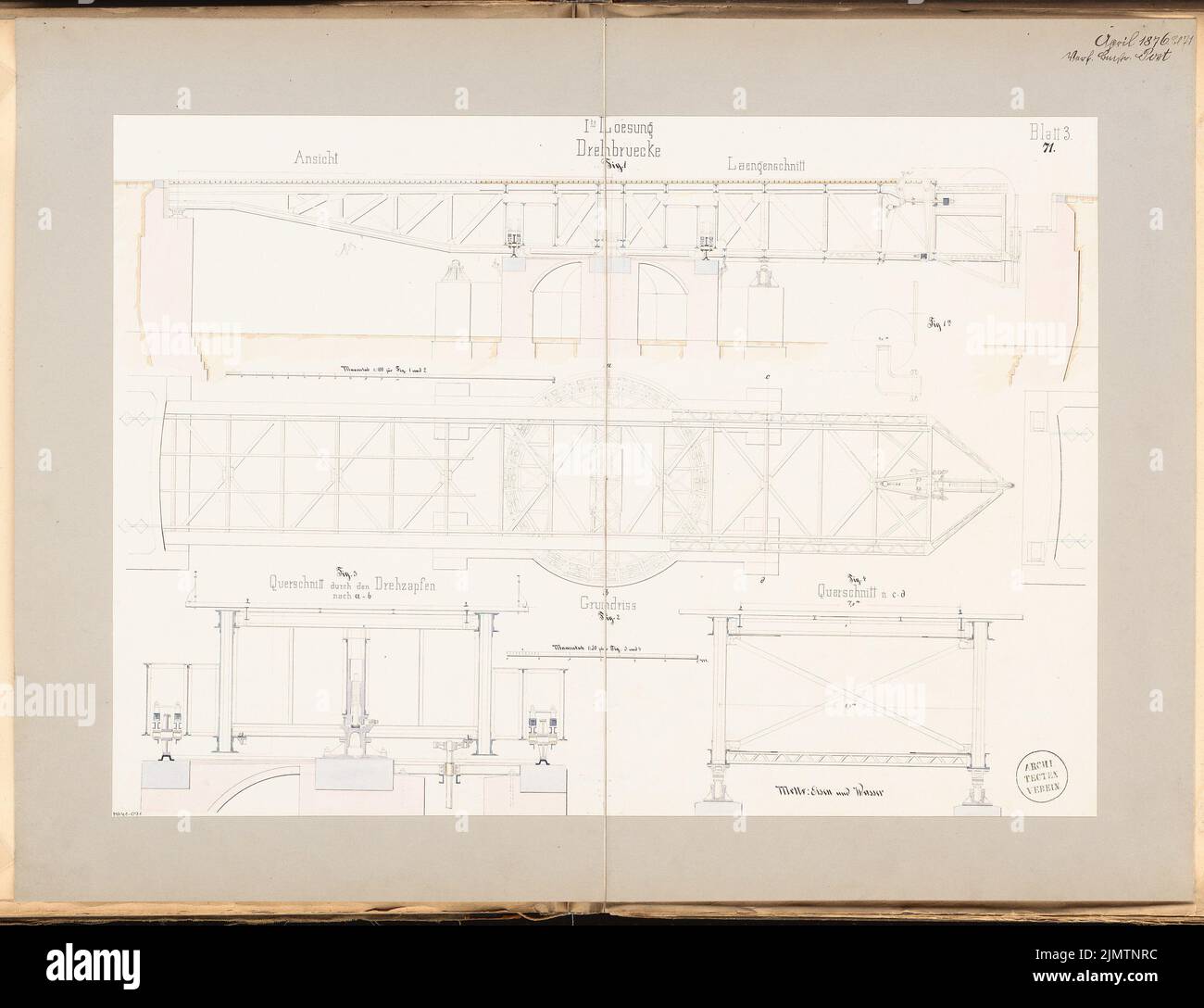 Post Carl (geb. 1844), Brückenschlag. Monatlicher Wettbewerb April 1876 (04,1876): Runting Bridge: Grundriß, Seitenansicht aufrecht, Längsschnitt 1: 100; 2 Querschnitte 1:50; Details; Maßstabsstreifen 2. Tusche Aquarell auf Papier, 58,8 x 76,5 cm (einschließlich Scankanten) Post Carl (geb. 1844): Drehbrücke. Monatskurrenz April 1876 Stockfoto
