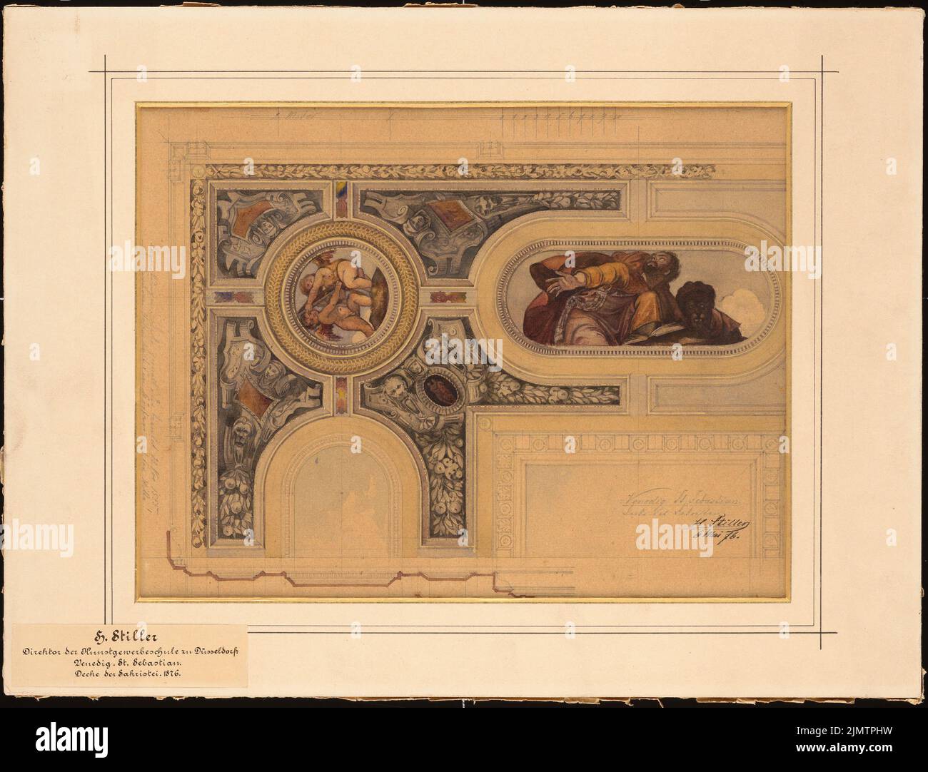 Stiller Hermann, S. Sebastian in Venedig (1876): Schnittansicht der Sakristei-Decke. Bleistift Aquarell, Gold auf Papier, 31,5 x 41,2 cm (inklusive Scankanten) Stiller Hermann : S. Sebastian, Venedig Stockfoto