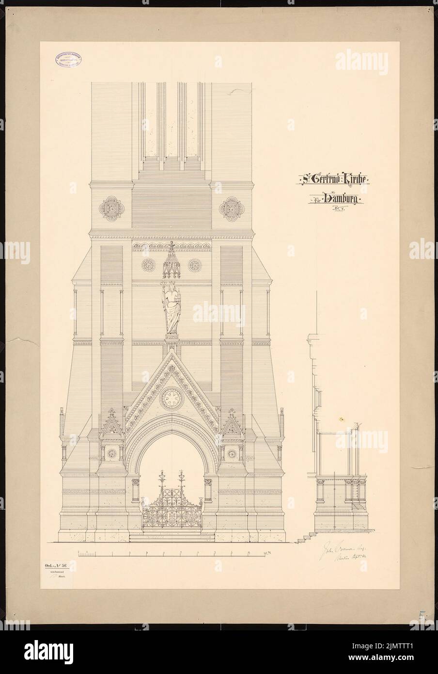 Vollmer Johannes (1845-1920), St. Gertrudkirche in Hamburg-Rändbek (09,1881): Turm: Fassadenabschnittsansicht. Tinte auf Karton, 110,7 x 77 cm (inklusive Scankanten) Vollmer Johannes (1845-1920): St. Gertrudkirche, Hamburg-Eilbek Stockfoto