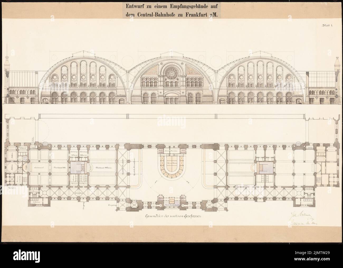 Vollmer Johannes (1845-1920), Hauptbahnhof in Frankfurt am Main. Empfangsgebäude (1880): Grundriß UG, Hallenquerschnitt. Tusche Aquarell auf der Schachtel, 76,7 x 107,9 cm (inklusive Scan-Kanten) Vollmer Johannes (1845-1920): Hauptbahnhof, Frankfurt/Main. Empfagsgebäude Stockfoto