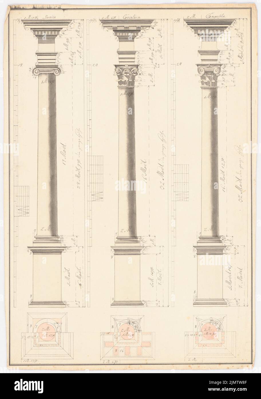 Schlemm K., Säulenordnung (ohne Datum): Säulen mit dorischen, korinthischen und zusammengesetzten Kapiteln: Ansichten, Grundrisse. Tusche Aquarell auf Papier, 47,2 x 33,1 cm (inklusive Scankanten) Schlemm K. : Säulenordnungen Stockfoto