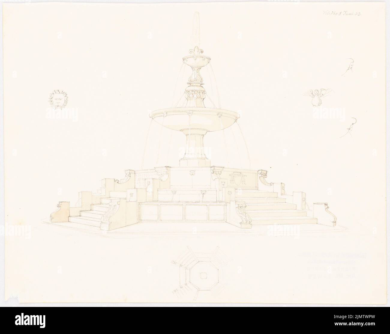 Scheppig Carl (1803-1885), mehrschaliger Brunnen in Viterbo (8. Juni 1833): Perspektivische Ansicht, Grundriß. Bleistift-Aquarell auf der Schachtel, 21,5 x 27,3 cm (inklusive Scan-Kanten) Scheppig Carl (1803-1885): Mehrfacher Brunnen, Viterbo Stockfoto