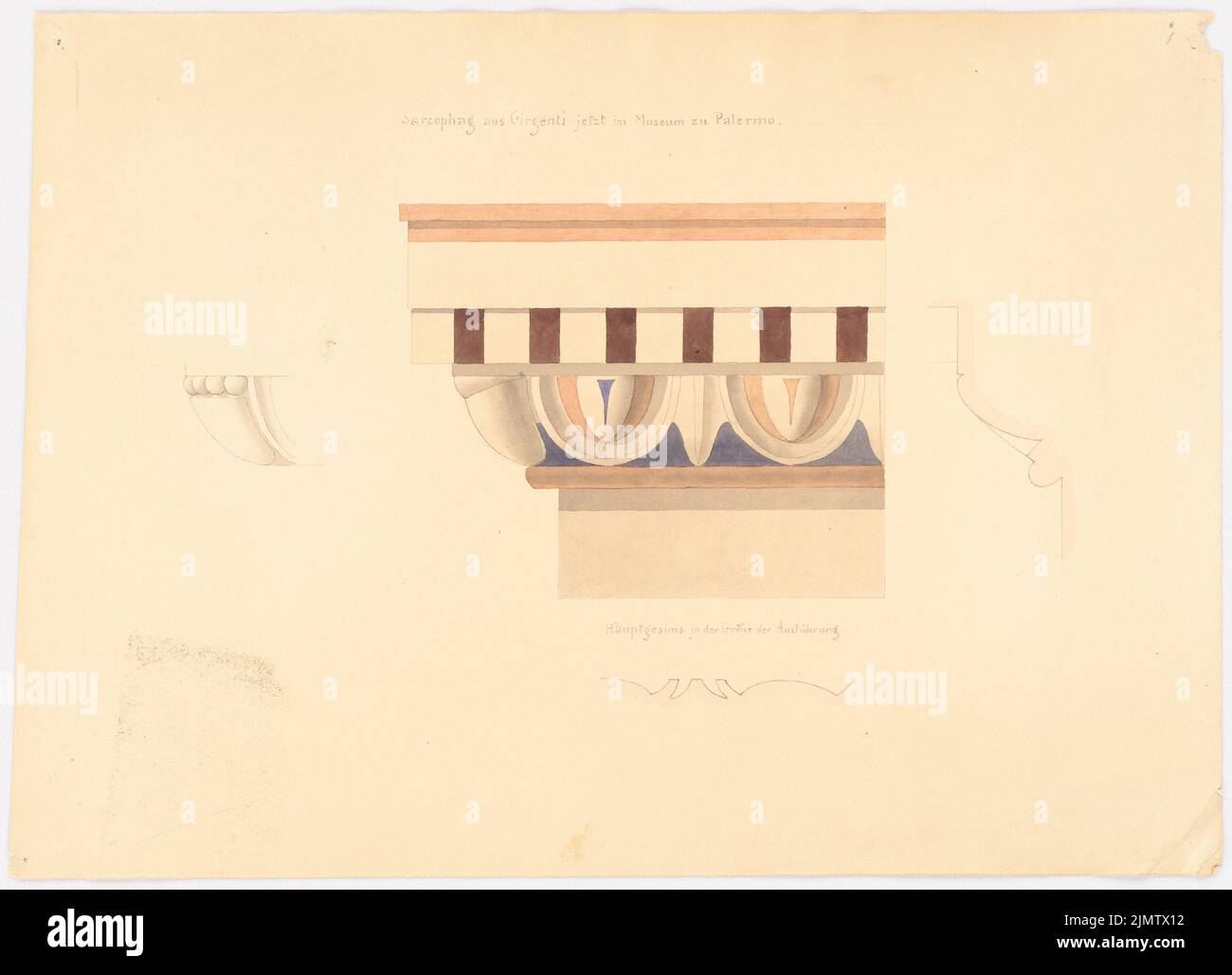 Scheppig Carl (1803-1885), Sarkophag aus Girgenti, jetzt im Museum von Palermo (1834): Details. Tusche Aquarell auf der Schachtel, 23,1 x 32 cm (inklusive Scan-Kanten) Scheppig Carl (1803-1885): Sarkophag aus Girgenti, jetzt im Museum von Palermo Stockfoto