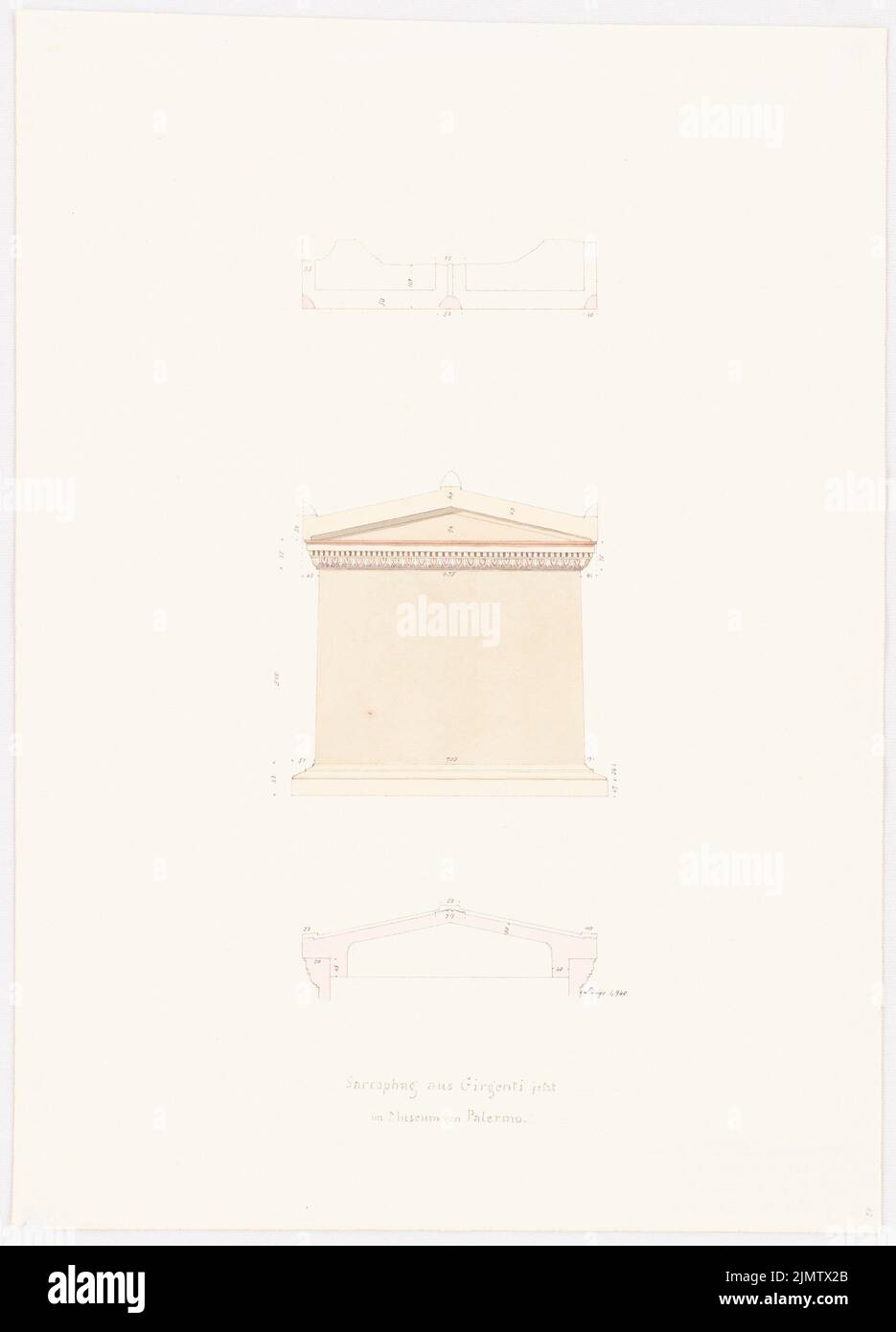 Scheppig Carl (1803-1885), Sarkophag aus Girgenti, jetzt im Museum von Palermo (1834): Ansicht, geschnitten. Tusche Aquarell auf der Schachtel, 32,1 x 23,1 cm (inklusive Scan-Kanten) Scheppig Carl (1803-1885): Sarkophag aus Girgenti, jetzt im Museum von Palermo Stockfoto