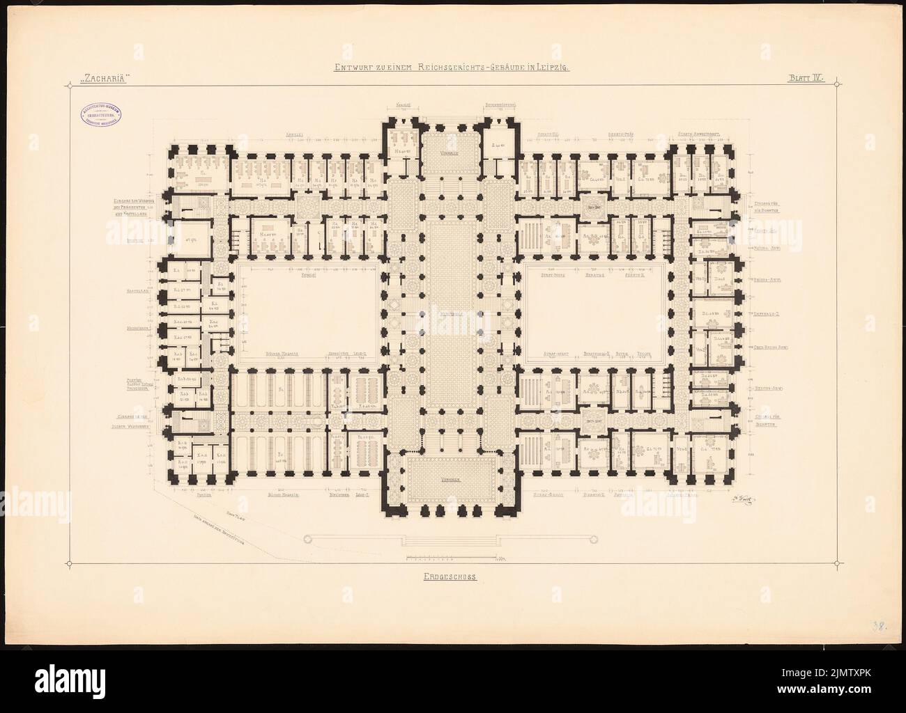 Warth Otto (1845-1918), Reichsgericht in Leipzig (1885): Grundriss EG. Tusche Aquarell auf der Schachtel, 72,6 x 101 cm (inklusive Scan-Kanten) Warth Otto (1845-1918): Reichsgericht, Leipzig Stockfoto