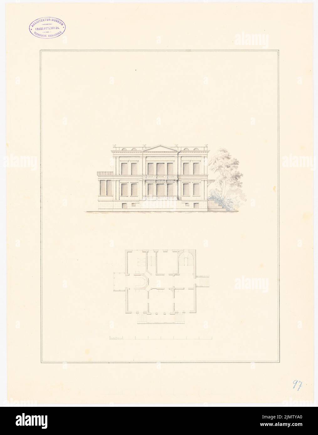 Wentzel Emil, Villa (ohne Datum): Grundriß und Aussicht. Tusche Aquarell auf Papier, 50,3 x 39,3 cm (inklusive Scankanten) Wentzel Emil : Villa Stockfoto