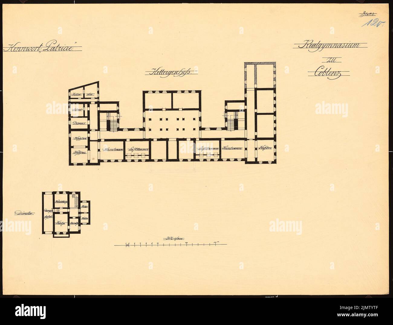 Vogel Ewald (geb. 1873), Realgymnasium in Koblenz (1903): Lageplan KG 1: 200. Tinte auf Transparent, 51,9 x 68,2 cm (inklusive Scankanten) Vogel Ewald (geb. 1873): Realgymnasium, Koblenz Stockfoto