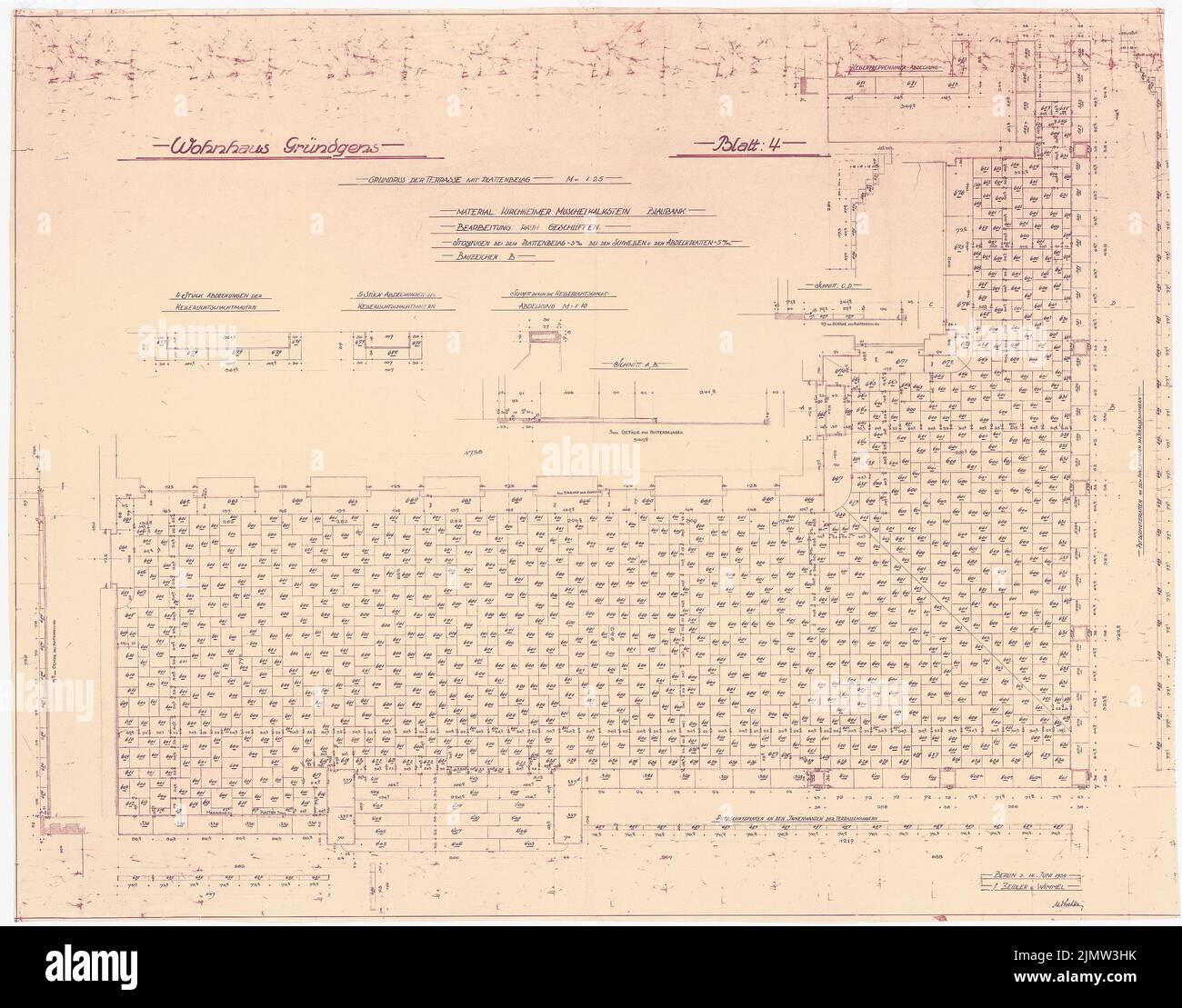 Schonert Erich (geb. 1881), Neubau eines Wohnhauses für den Staatsrat Gründgens im Bellevuepark, Berlin: Grundriß der Terrasse mit Plattendeckung 1:25 Uhr. Leichter Bruch auf Papier, 91,8 x 117,1 cm (einschließlich Scankante). Architekturmuseum der Technischen Universität Berlin Inv. Nr. 45518. Schonert Erich (geb. 1881): Neubau eines Wohnhauses für Staatsrat Gründgens im Bellevuepark, Berlin Stockfoto