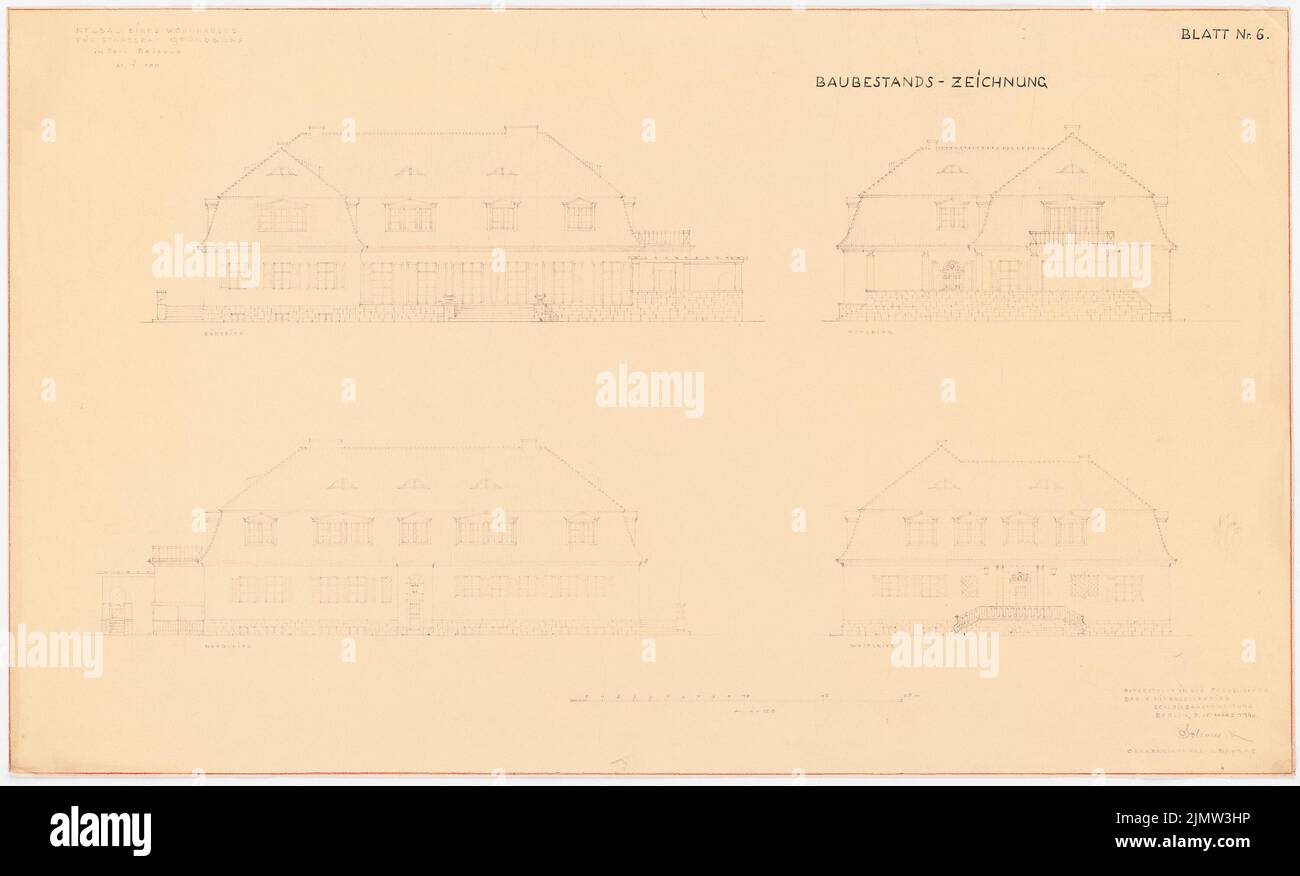 Schonert Erich, Neubau eines Wohnhauses für Staatsrat Gründgens im Bellevuepark in Berlin (15. März 1940): Besatzung der vier Seiten 1: 100. Leichter Bruch auf Papier, 49,6 x 82 cm (inklusive Scankanten) Schonert Erich (geb. 1881): Neubau eines Wohnhauses für Staatsrat Gründgens im Bellevuepark, Berlin Stockfoto