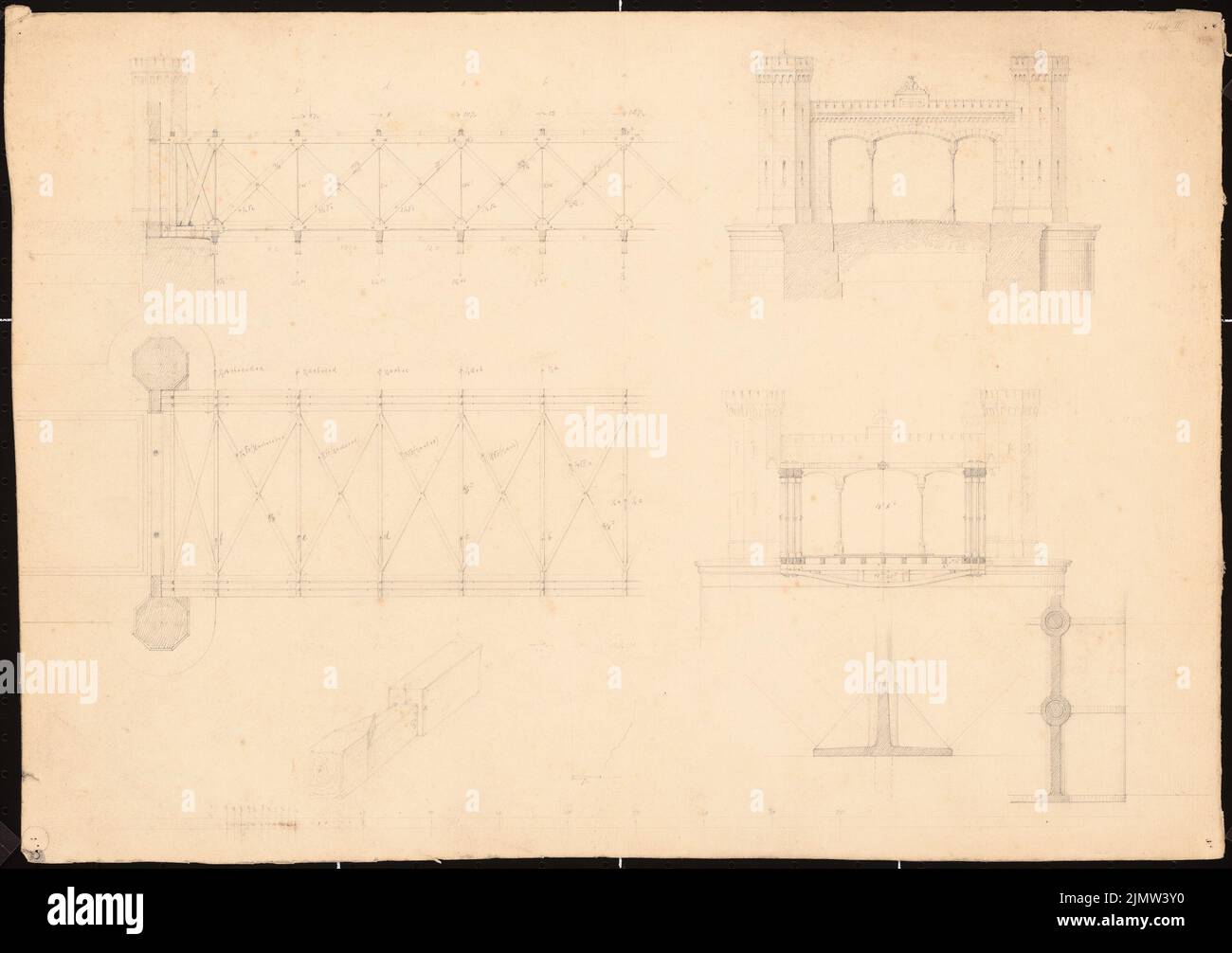 Vogel E., Brückenbau (ohne Datum): Planinhalt N.N. erfasst. Bleistift auf Karton, 33,2 x 47 cm (inklusive Scankanten) Vogel E. : Brückenkonstruktion Stockfoto