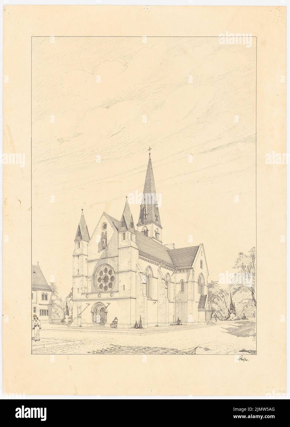 Schäfer Carl (1844-1908), neugotische Kirche (ca. 1880): Perspektivische Ansicht. Tinte auf Papier, 63,6 x 46,2 cm (inklusive Scankanten) Schäfer Carl (1844-1908): Neugotische Kirche Stockfoto