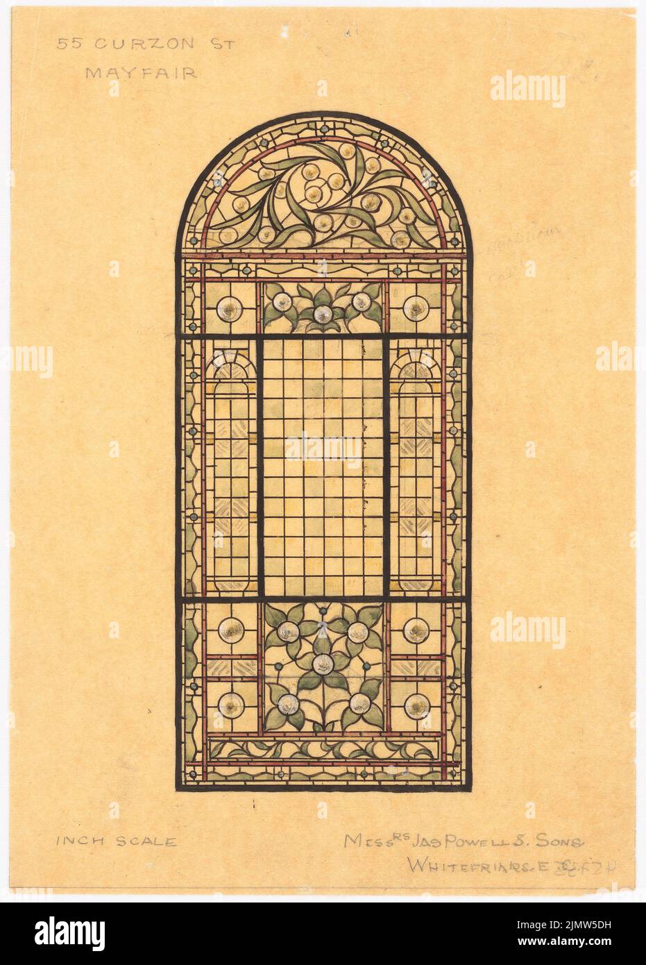 Powell James (1774-1840), Fenster mit Buntglas in London (ohne dat.): Ansicht eines Bogenfensters. Tusche Aquarell auf transparent, 28,5 x 20,4 cm (inklusive Scankanten) Powell James (1774-1840): Fenster mit Glasmalerei, London Stockfoto