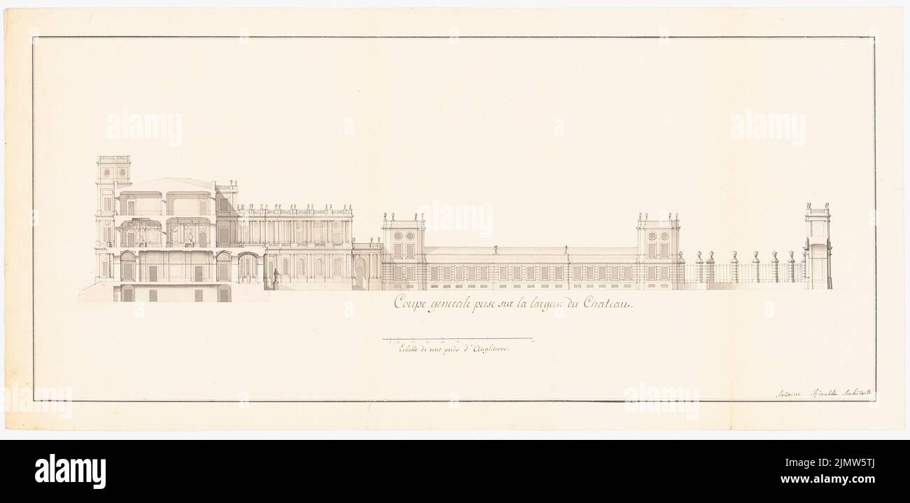 Rinaldi Antonio (1709-1794), Schloss Gatschina (ca. 1766): Blick auf den Seitenflügel und Schnitt durch das Zentralgebäude. Tusche Aquarell auf Papier, 42,6 x 88,2 cm (inklusive Scankanten) Rinaldi Antonio (1709-1794): Schloss Gatschina Stockfoto
