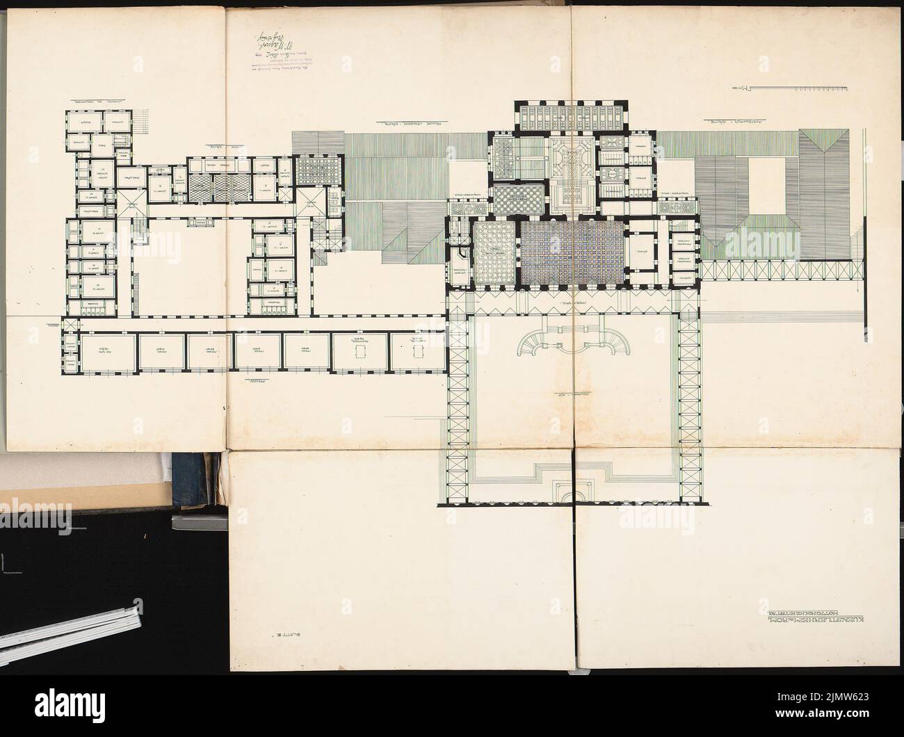 Wagner Wilhelm (geboren 1875), deutsches Künstlerhaus in Rom. Schinkel Wettbewerb 1903 (16. März 1903): Grundriß OG 1: 150. Tusche Aquarell auf der Schachtel, 97,5 x 130,5 cm (inklusive Scan-Kanten) Wagner Wilhelm (geb. 1875): Deutsches Künstlerheim, Rom. Schinkelwettbewerb 1903 Stockfoto