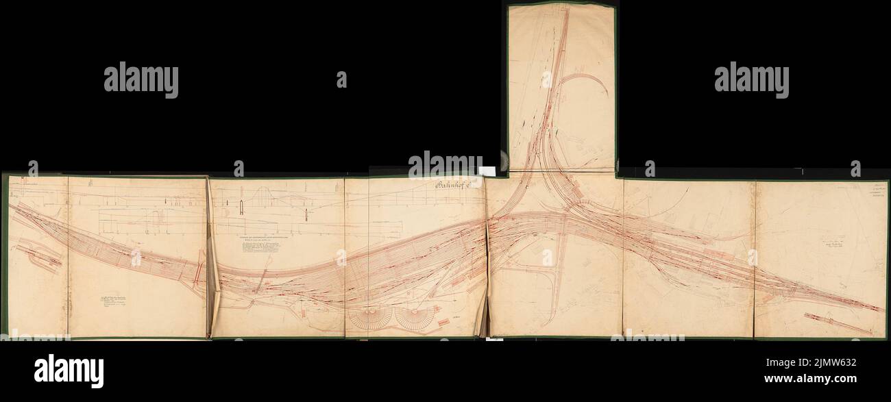 Buddenberg Arnold, Umbau der Stationsanlagen im A. Schinkel Wettbewerb 1907 (14.03.1907): Je nach Plan 1: 1000, Höhenplan 1: 1000 (Längen), 1: 100 (Höhen). Tusche, Tusche über einem Bruch auf der Schachtel gefärbt, 121,5 x 317,1 cm (inklusive Scankanten) Buddenberg Arnold : Umbau der Bahnhofsanlagen in A. Schinkelwettbewerb 1907 Stockfoto