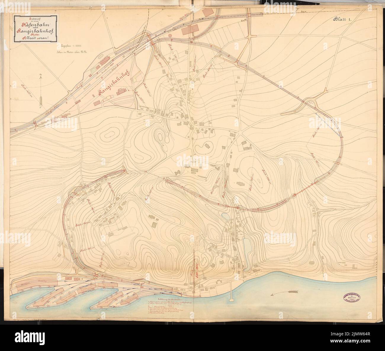 Paul Wilhelm (1862-1924), Hafenbahn mit Rangierbahnhof. Schinkel-Wettbewerb 1889 (1889): Lageplan 1: 2000. Tusche, Tuschefarben, Bleistift Wasserfarben über einer Bruchkante der Schachtel, 80,3 x 95,1 cm (inklusive Scankanten) Paul Wilhelm (1862-1924): Hafenbahn mit Rangierbahnhof. Schinkelwettbewerb 1889 Stockfoto