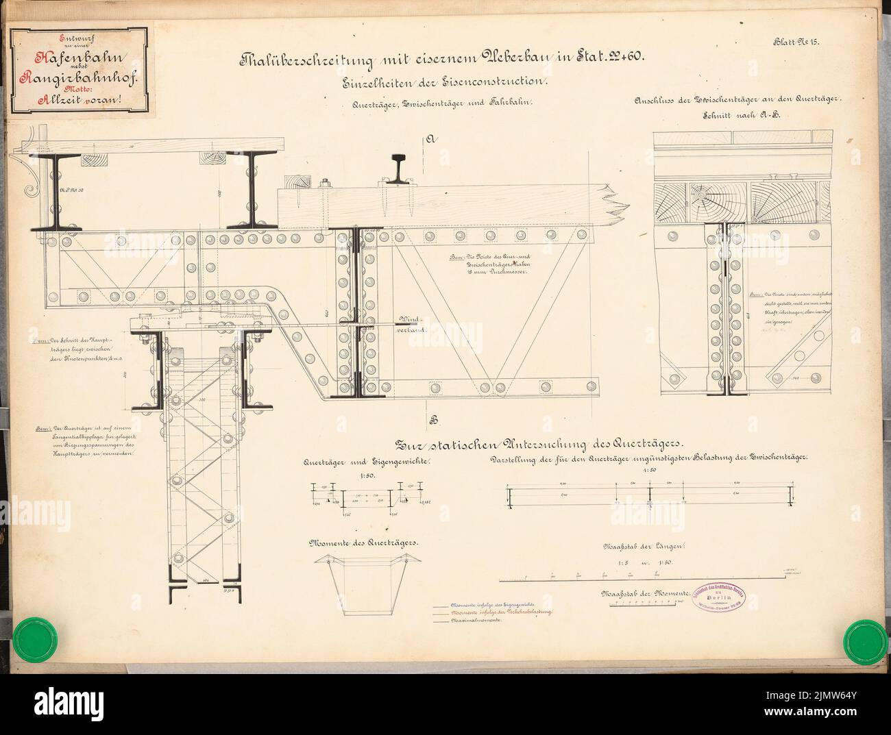 Paul Wilhelm (1862-1924), Hafenbahn mit Rangierbahnhof. Schinkel-Wettbewerb 1889 (1889): Viadukt. Kreuz- und Mittelträger, Spur: Details 1:50, 1: 5, Forces Plans. Tinte, Tinte farbig auf Karton, 51,8 x 68,5 cm (inklusive Scankanten) Paul Wilhelm (1862-1924): Hafenbahn mit Rangierbahnhof. Schinkelwettbewerb 1889 Stockfoto