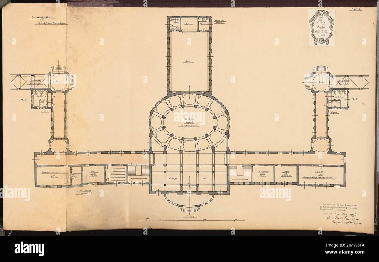 Herrmann Hans Paul, Bildungshaus. Schinkel Wettbewerb 1909 (03/12/1909): Lehrgebäude. Grundriss EG 1: 150. Tinte, farbiger Aquarell auf der Schachtel, 55,1 x 88,7 cm (inklusive Scankanten) Herrmann Hans Paul (geb. 1882): Erziehungsheim. Schinkelwettbewerb 1909 Stockfoto