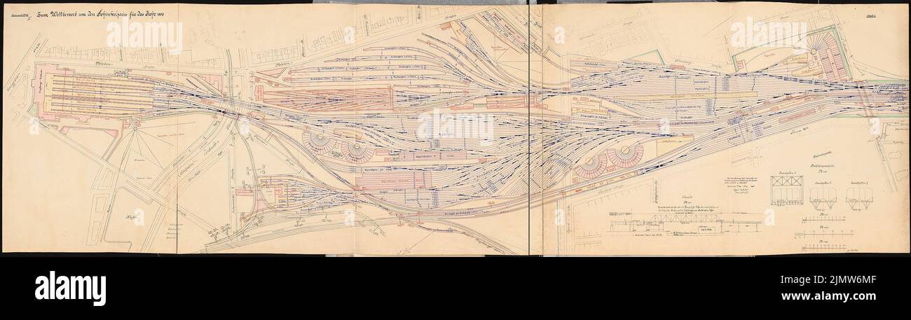 Guttstadt Richard (geb. 1879), Erweiterung und Neugestaltung des Anhalter Bahnhofs in Berlin. Schinkel Wettbewerb 1908 (03/19/1908): Grundriss 1: 1000, Viadukt Hochbahn über Tempelhofer Ufer, Ansicht 1: 400, Aufzugsquerschnitte 1: 100. Farbfarbenes Aquarell über einem Bruch auf der Schachtel, 68,1 x 241,1 cm (inklusive Scankanten) Guttstadt Richard Johann (1879-1942): Erweiterung und Umgestaltung des Anhalters Bahnhofs, Berlin. Schinkelwettbewerb 1908 Stockfoto