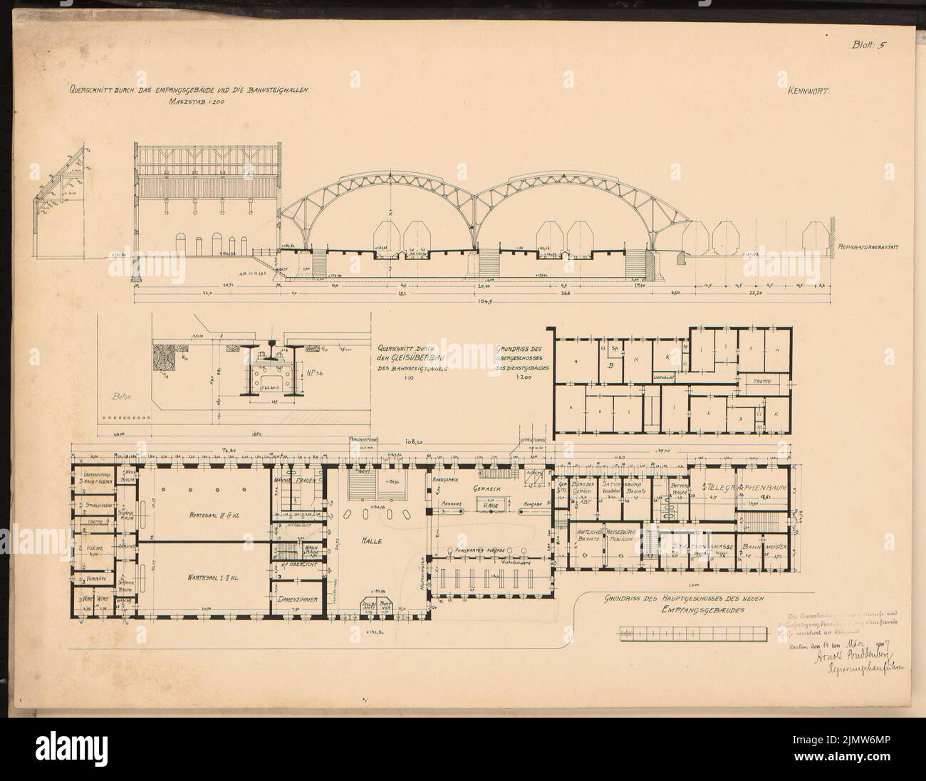 Buddenberg Arnold, Umbau der Bahnhofseinrichtungen im A. Schinkel Wettbewerb 1907 (14.03.1907): Empfangsgebäude und Bahnhofshallen. Querschnitt 1: 200. Tinte, Tinte farbig auf Karton, 50,5 x 65,1 cm (inklusive Scankanten) Buddenberg Arnold : Umbau der Bahnhofsanlagen in A. Schinkelwettbewerb 1907 Stockfoto