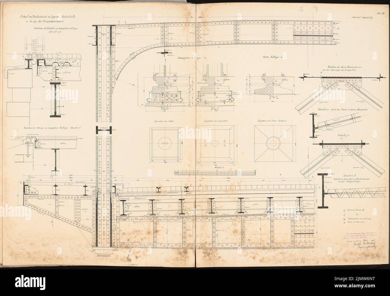 Buddenberg Arnold, Renovierung der Bahnhofsanlage im A. Schinkel Wettbewerb 1907 (14.03.1907): Staatliche Straßenüberführung. Details 1: 10. Tinte, Tinte farbig auf Karton, 70,4 x 101,9 cm (inklusive Scankanten) Buddenberg Arnold : Umbau der Bahnhofsanlagen in A. Schinkelwettbewerb 1907 Stockfoto
