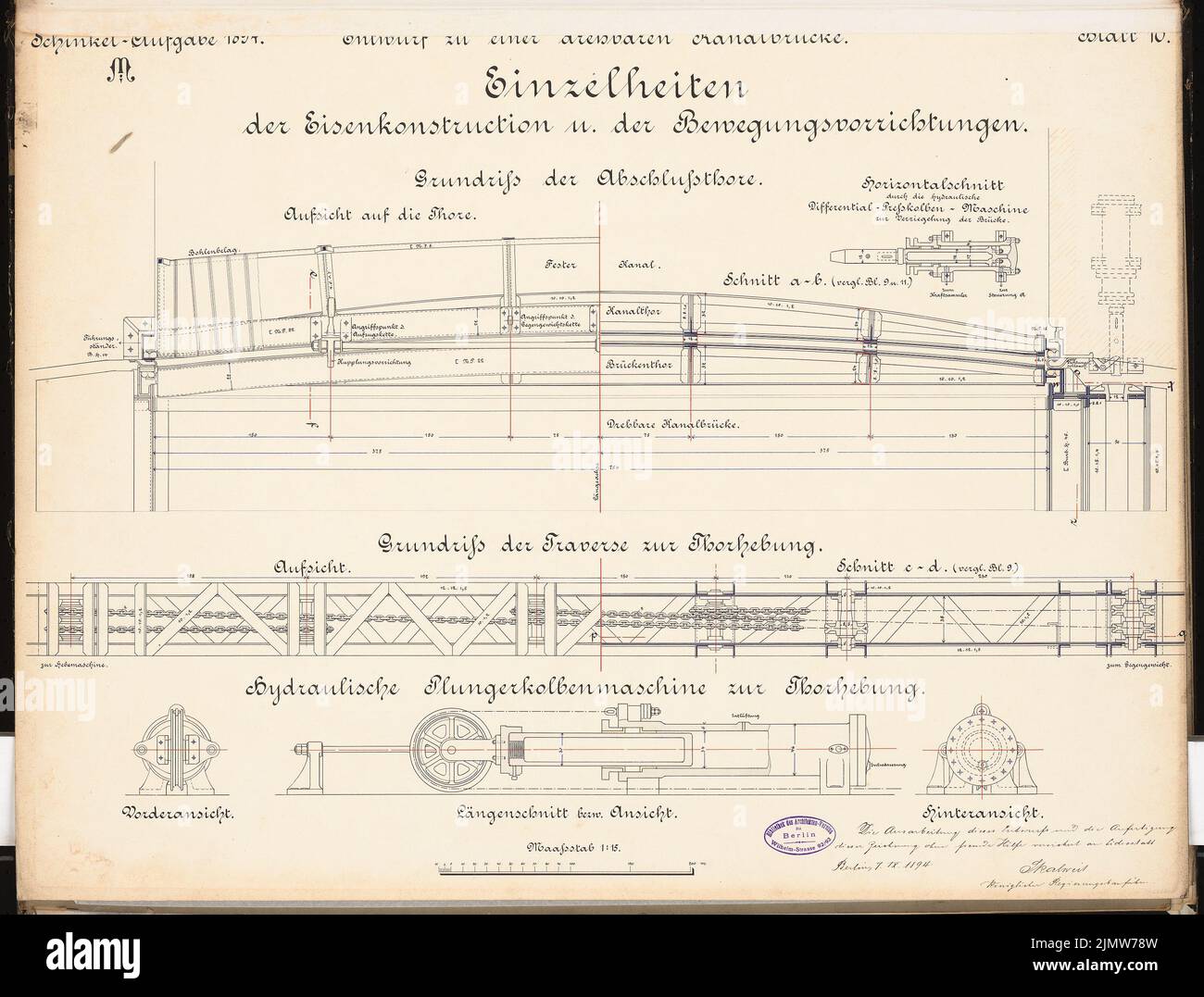 Skalierter Otto, drehbare Kanalbrücke. Schinkel Wettbewerb 1894 (07.09.1894): Details der Eisenkonstruktion: Endtore. Grundrisse, Details (Ansichten, Schnitte) 1:15. Tusche, Tusche farbig Aquarell auf der Schachtel, 50,9 x 67 cm (inklusive Scan-Kanten) Skalweit Otto : Drehbare Kanalbrücke. Schinkelwettbewerb 1894 Stockfoto