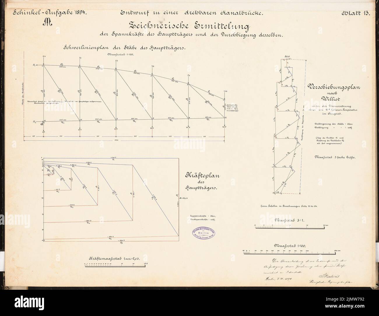 Skalierter Otto, drehbare Kanalbrücke. Schinkel-Wettbewerb 1894 (07.09.1894): Truppe Pläne 3: 1, 1: 100. Tinte, Tinte farbig auf Karton, 50,7 x 66,2 cm (inklusive Scankanten) Skalweit Otto : Drehbare Kanalbrücke. Schinkelwettbewerb 1894 Stockfoto