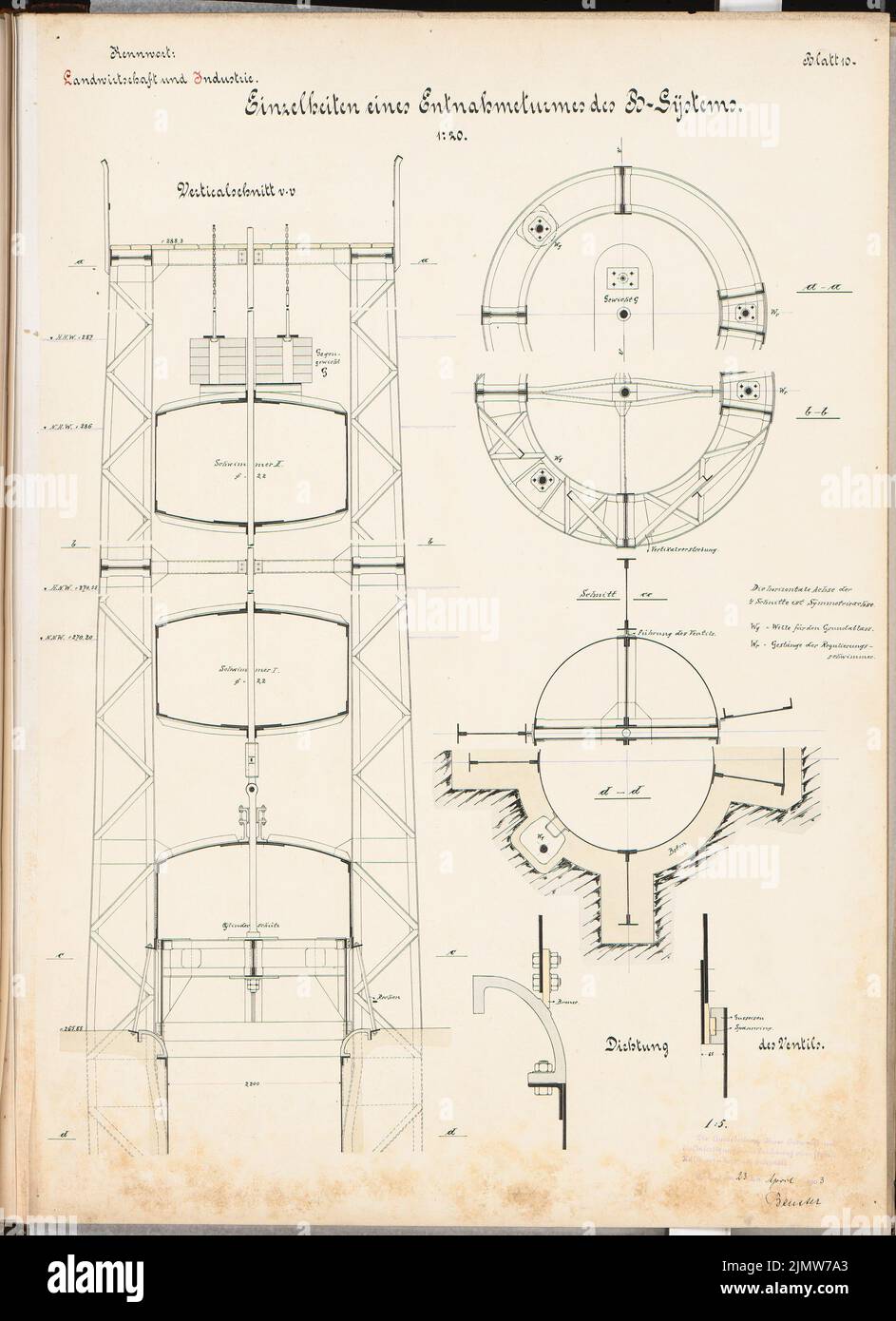 Beuster Fritz, Marklissa-Alsperre (Queitstalschrann). Schinkel Wettbewerb 1902 (23. April 1903): Rohrsystem B. Aufzeichnungsturm: Schnitte 1:20, Details 1: 5. Tusche, Tusche farbig Aquarell auf der Schachtel, 68,5 x 49,7 cm (inklusive Scan-Kanten) Beuster Fritz : Marklissa-Talsperre (Queistalsperre). Schinkelwettbewerb 1902 Stockfoto