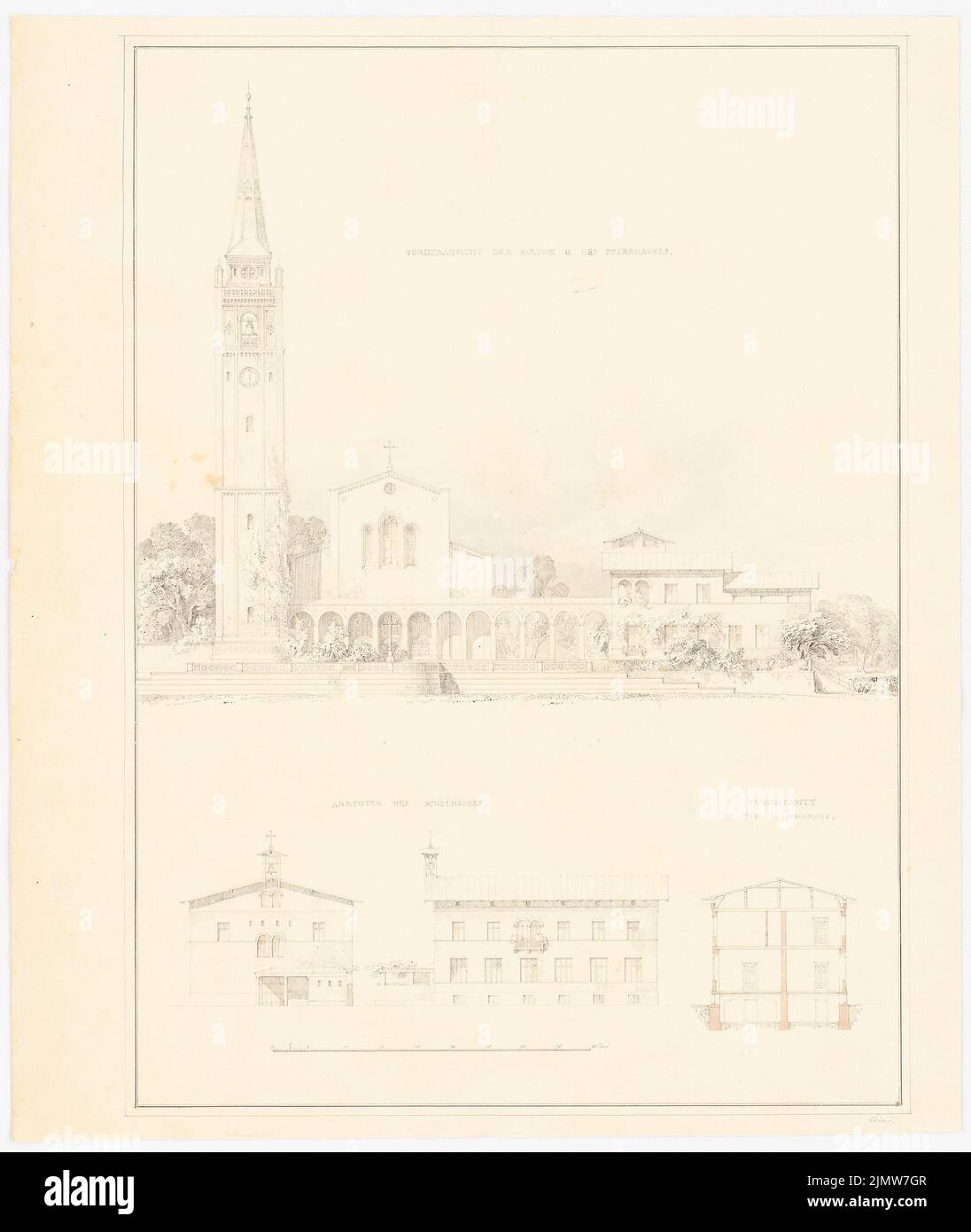 Stüler August (1800-1865), Kirche mit Pfarrhaus und Schulgebäude (ohne Datum): Vorderansicht, Seitenansicht, geschnitten, Massstab in Fuß. Tusche, Bleistift-Aquarell auf der Schachtel, 51,2 x 43,2 cm (inklusive Scankanten) Stüler Friedrich August (1800-1865): Kirche mit Pfarrhaus und Schulhaus Stockfoto