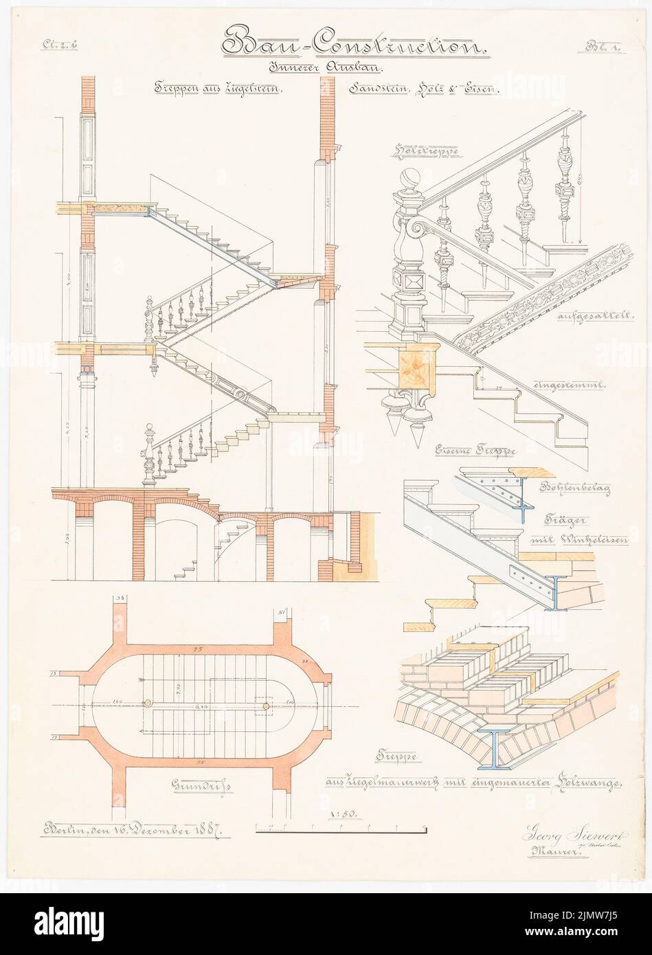 Siewert Georg, Bauausführung: Trepput Details (16.12.1887): 5 Schnitte, 2 perspektivische Ansichten, 1 Grundriß 1:50. Tinte, Bleistift, Tusche farbig, Aquarell auf Karton, 63,2 x 46,2 cm (inklusive Scankanten) Siewert Georg : Baukonstruktion: Treppendetails Stockfoto