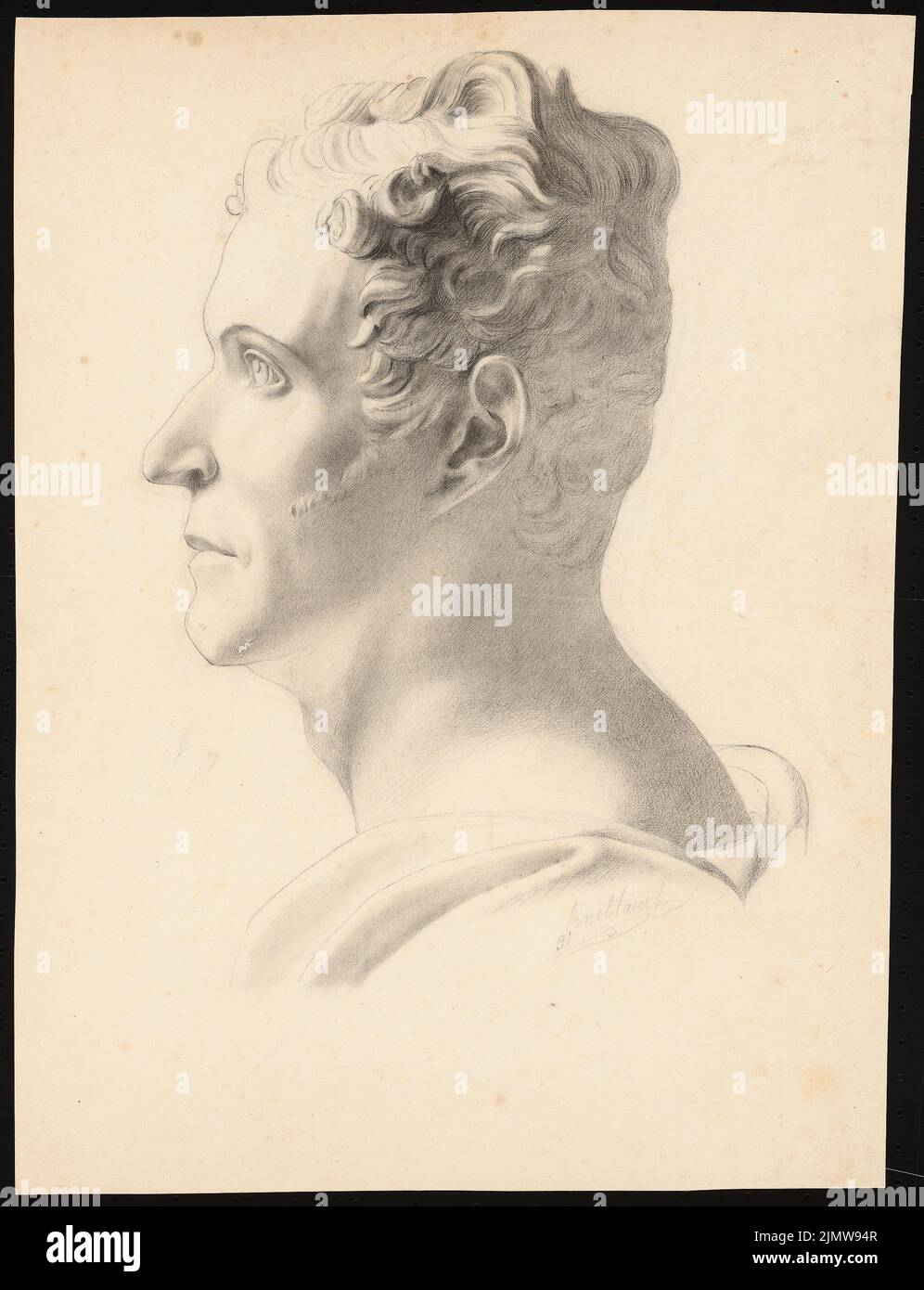 Gustav Knoblauch (1833-1916), männlicher Kopf (1851): Ansicht im Profil. Kohle auf Papier, 48,3 x 37 cm (inklusive Scan-Kanten) Knoblauch Gustav (1833-1916): Männlicher Kopf Stockfoto