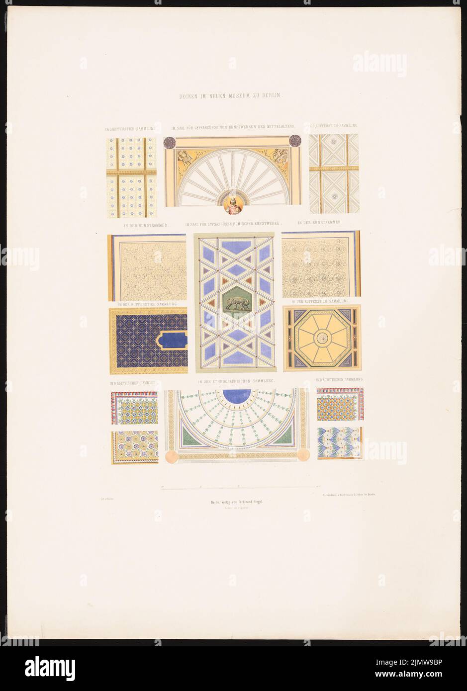 Stüler August (1800-1865), das Neue Museum in Berlin von Stüler, Potsdam 1853 (1853): Tafel 19. Details: Deckengemälde im Kupferstichkabinett, in der Kunstkammer, in der Abteilung für den Saal der römischen Kunstwerke, im Saal für die Agy. Druck farbig auf Papier, 72,9 x 52,7 cm (inklusive Scankanten) Stüler Friedrich August (1800-1865): Das Neue Museum in Berlin von Stüler, Potsdam 1853 Stockfoto