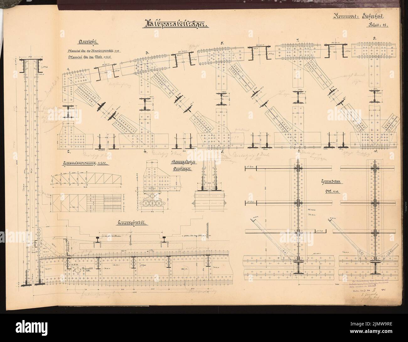 Jänecke Louis, Erweiterung der Berliner Stadtbahn. Schinkel-Wettbewerb 1905 (26. November 1906): Zweigleisige Eisenbahnbrücke von 31,2 m: Halber Absatz Träger. Details 1: 225, 1:10. Tinte, Tinte farbig auf Karton, 71,1 x 92,3 cm (inklusive Scankanten) Jänecke Louis : Ausbau der Berliner Stadtbahn. Schinkelwettbewerb 1905 Stockfoto