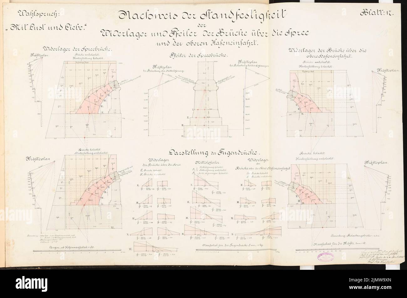 Uthemann Maximilian, Hafenanlage auf der Unterpree in Berlin mit Hafenbahn. Schinkel-Wettbewerb 1888 (03.04.1888): Brücke über die obere Hafeneinfahrt und die Spree. Nachweis der Stabilität: Schnitt 1:50, Kräfte. Tusche, Tusche farbig, Aquarell auf Karton, 67,1 x 101,3 cm (inklusive Scankanten) Uthemann Maximilian : Hafenanlage mit Hafenbahn an der Unterspree, Berlin. Schinkelwettbewerb 1888 Stockfoto