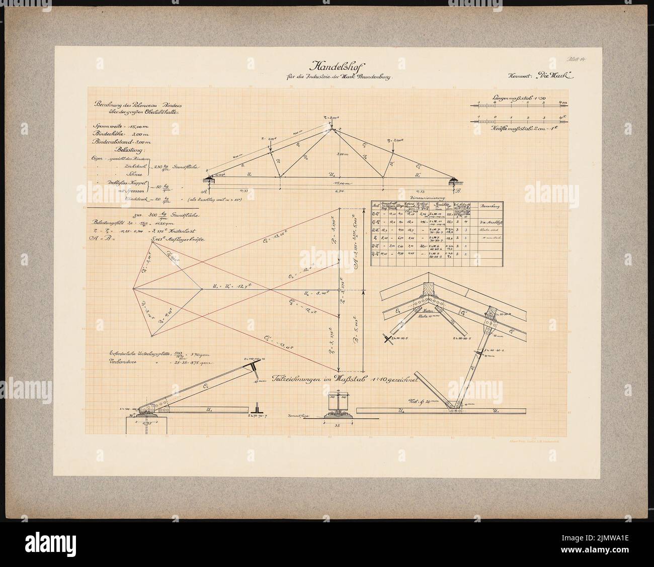 Nietsch Otto, Handelshof für die Mark Brandenburg (1922): Statik Details 1:10 und Berechnungen. Tinte auf Millimeterpapier auf der Schachtel, 64,4 x 80,6 cm (inklusive Scankanten) Nietsch Otto : Handelshof für die Industrie der Mark Brandenburg, Berlin-Tiergarten. Schinkelwettbewerb 1922 Stockfoto