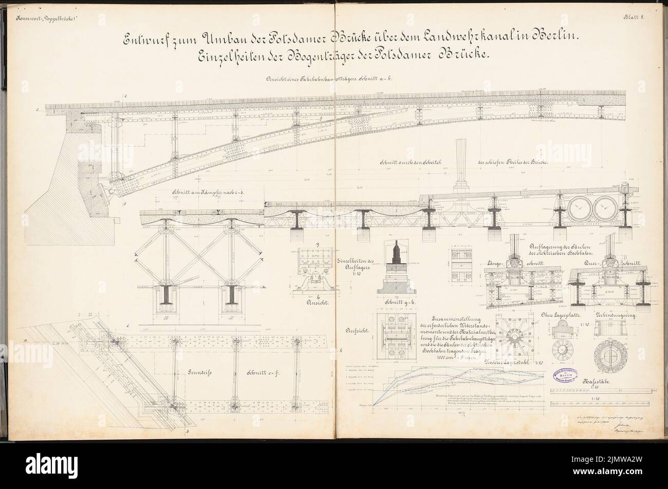 Schulze Otto, Umbau der Potsdamer Brücke in Berlin. Schinkel Wettbewerb 1896 (1896): Bogenschütze. Ansicht, Schnitte, Grundriß, Details 1:20, 1:10, Kräfte. Tinte, Tinte farbig auf Karton, 67,3 x 101,5 cm (inklusive Scankanten) Schulze Otto : Umbau der Potsdamer Brücke, Berlin. Schinkelwettbewerb 1896 Stockfoto