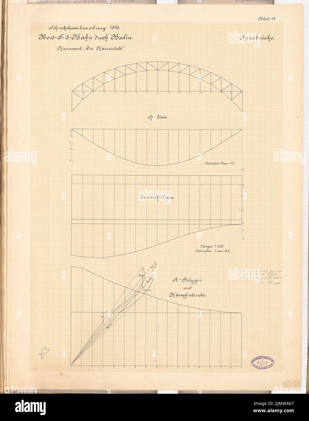 Schimpff Gustav (1871-1919), Nord-Süd-Bahn durch Berlin. Schinkel Wettbewerb 1897 (1897): Spreebrücke. Energiepläne 1: 200 (Längen). Tinte auf Karton, 66,5 x 52,3 cm (inklusive Scankanten) Schimpff Gustav (1871-1919): Nord-Süd-Bahn durch Berlin. Schinkelwettbewerb 1897 Stockfoto