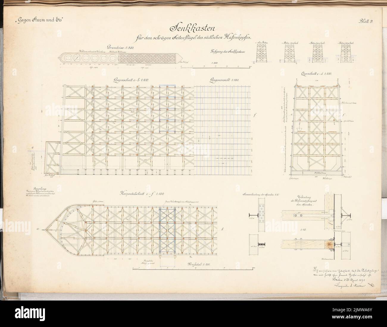 Müller Siegmund, Seehafen. Schinkel Wettbewerb 1898 (23. April 1898): Südlicher Hafenkopf: Sernkstützen für den schrägen Seitenflügel. Grundriß, Schnitte 1: 500, Schnitte 1: 100, Detail 1:10. Tinte, farbiges Aquarell auf der Schachtel, 52,6 x 67,7 cm (inklusive Scankanten) Müller Siegmund : Seehafen. Schinkelwettbewerb 1898 Stockfoto