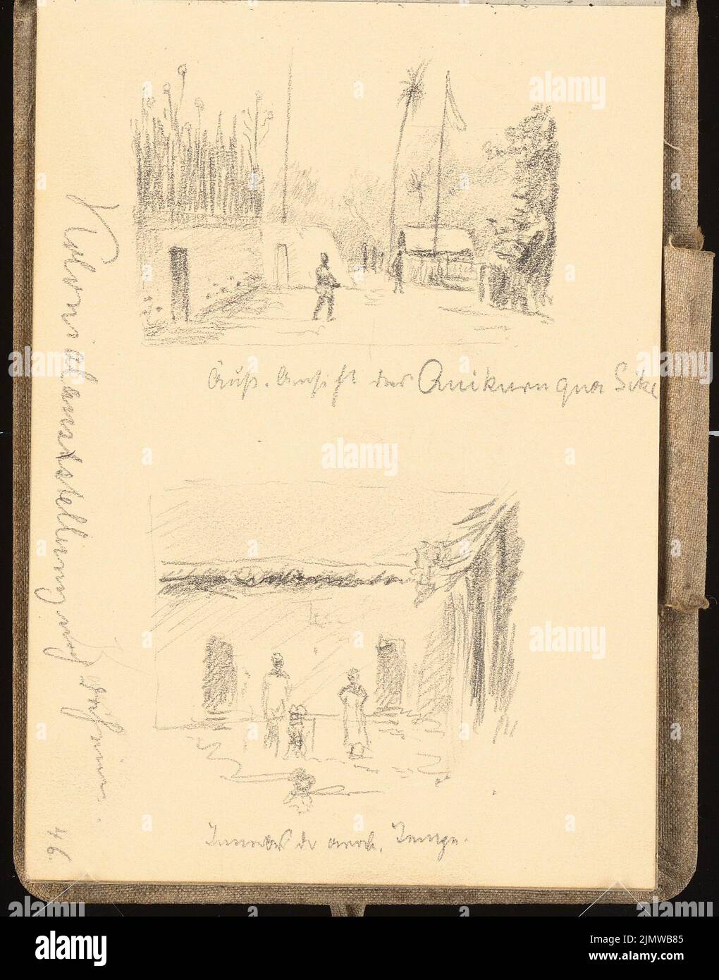 Michel Paul sen. (1877-1938), Skizzenbuch. 1896. Zeichnungen des Gymnasiums von 8 Tagen in Berlin vom 10.. Juli bis 17. Juli 1896, u. Besuch der Handelsausstellung und Potsdam (07,1896): Kolonialausstellung: 2 perspektivische Ansichten. Bleistift auf Papier, 16 x 12,6 cm (einschließlich Scankanten) Michel Paul sen. (1877-1938): Skizzenbuch. 1896. Zeichnungen des Oberschülers aus 8 Tagen in Berlin vom 10,7. Bis 17,7.1896, u. a. Besuch der Gewerbeausstellung und Potsdam Stockfoto