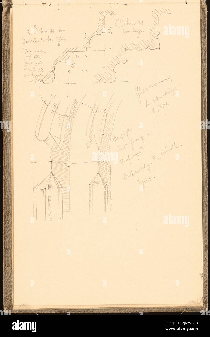 Michel Paul sen. (1877-1938), Skizzenbuch. 1900-1901 (08.10.1900): Frauenkirche in Grimma, Details des Portals, Ansicht, Schnitt. Bleistift auf Papier, 26,6 x 17,8 cm (inklusive Scankanten) Michel Paul sen. (1877-1938): Skizzenbuch. 1900-1901 Stockfoto