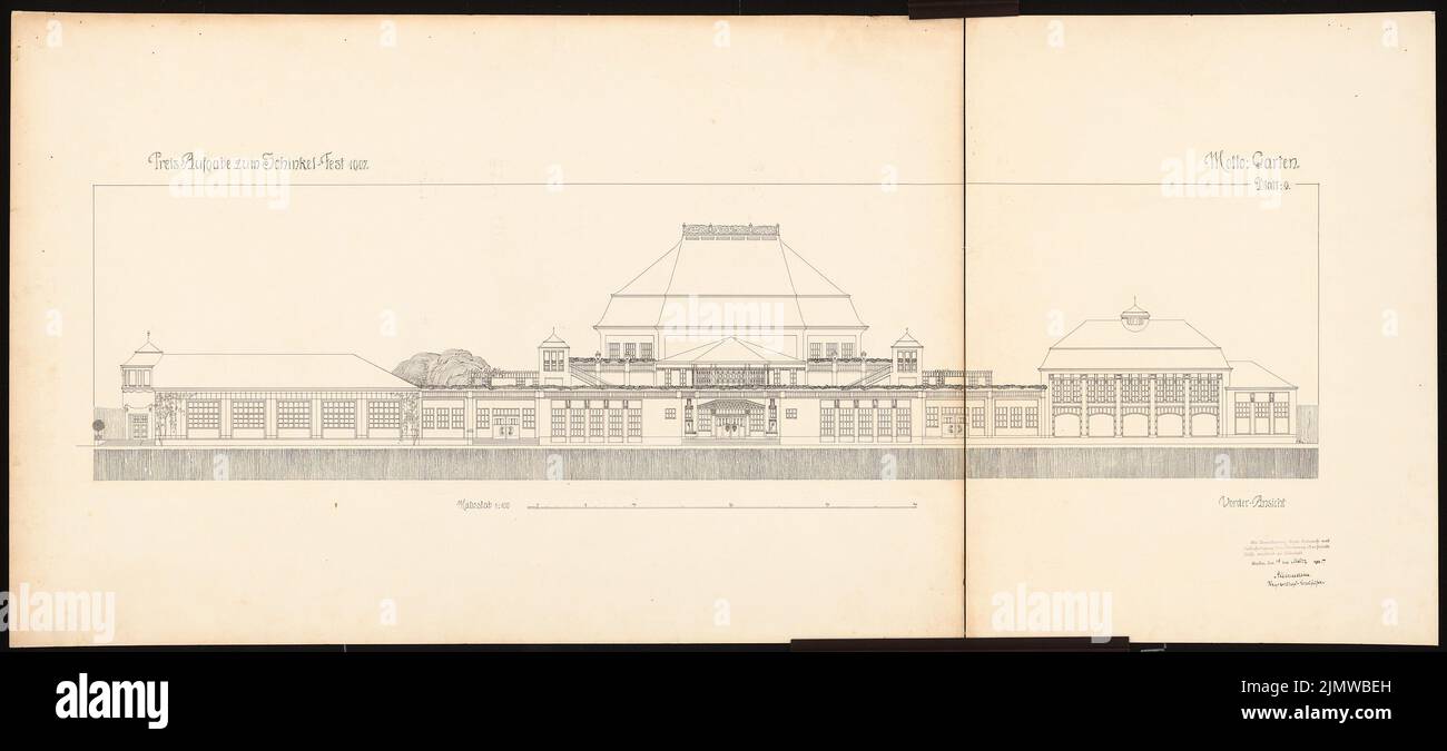 Albermann Carl, Ausstellungsgebäude für ein Gartenbauunternehmen. Schinkel Wettbewerb 1907 (18. März 1907): Hauptfassade 1: 100. Tinte auf Karton, 67,3 x 149,3 cm (inklusive Scankanten) Albermann Carl : Ausstellungsgebäude für eine Gartenbaugesellschaft. Schinkelwettbewerb 1907 Stockfoto